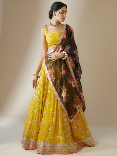 Awesome Yellow Sequins Georgette Festival Wear Lehenga Choli